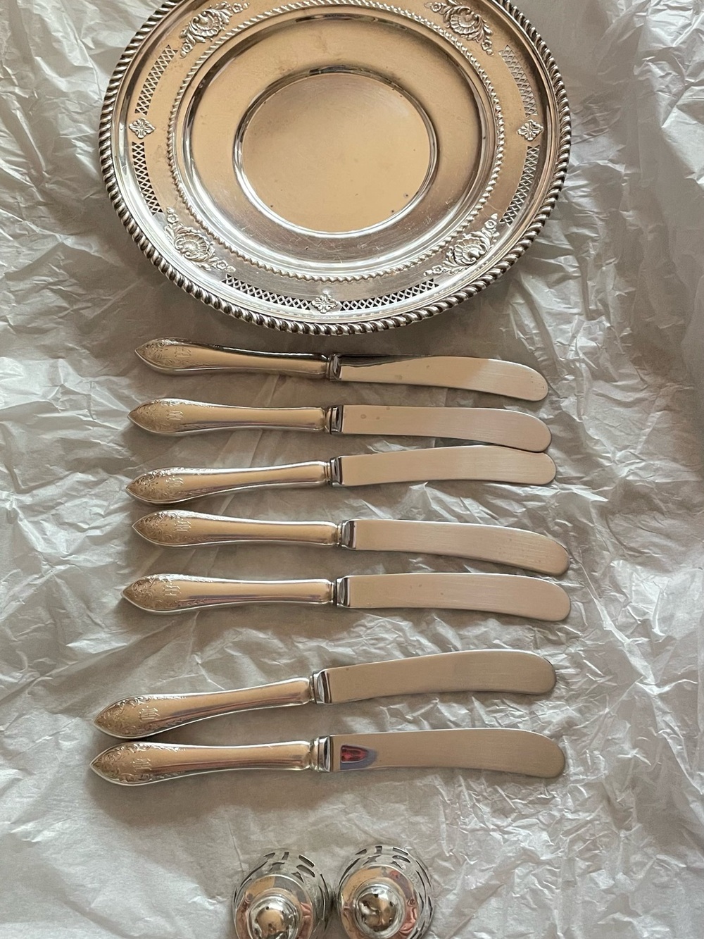 Birks Sterling Silver Collection Serving Tray, Butter Knives, Salt & Pepper